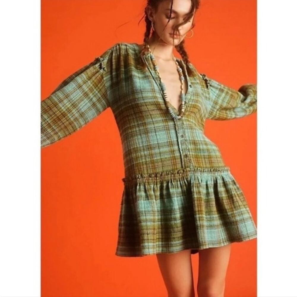 NWOT Free People Alexa Green Plaid Waffle Knit Drop Hem Mini Dress